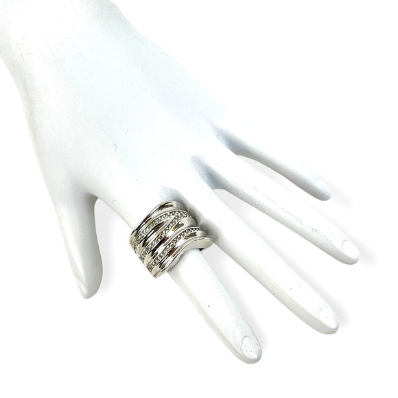 Lia Sophia Revved Up Ring Silver Tone Wide Band Wavy Rows Faux Rhinestones 7 - Picture 1 of 9